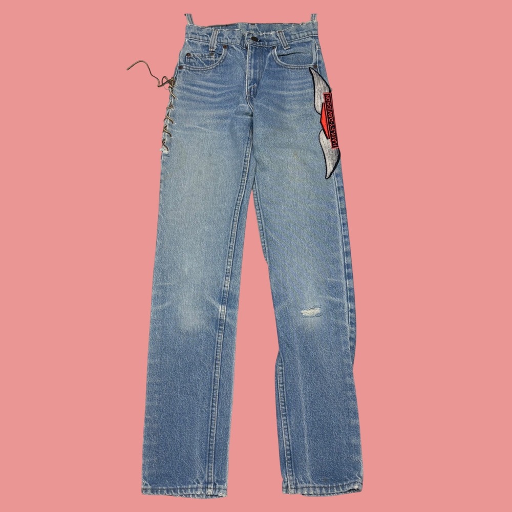 Vintage Levis 501 Custom Harley Davidson Lace Up Distressed Jeans Light Wash 25